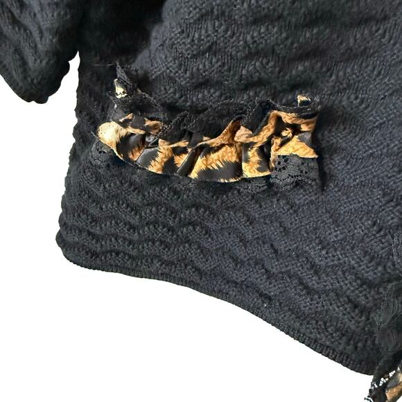 Chico's Womens Cardigan Sweater Size 3 XL 16 Black Leopard Ruffle Lace Trim Work - Picture 3 of 10